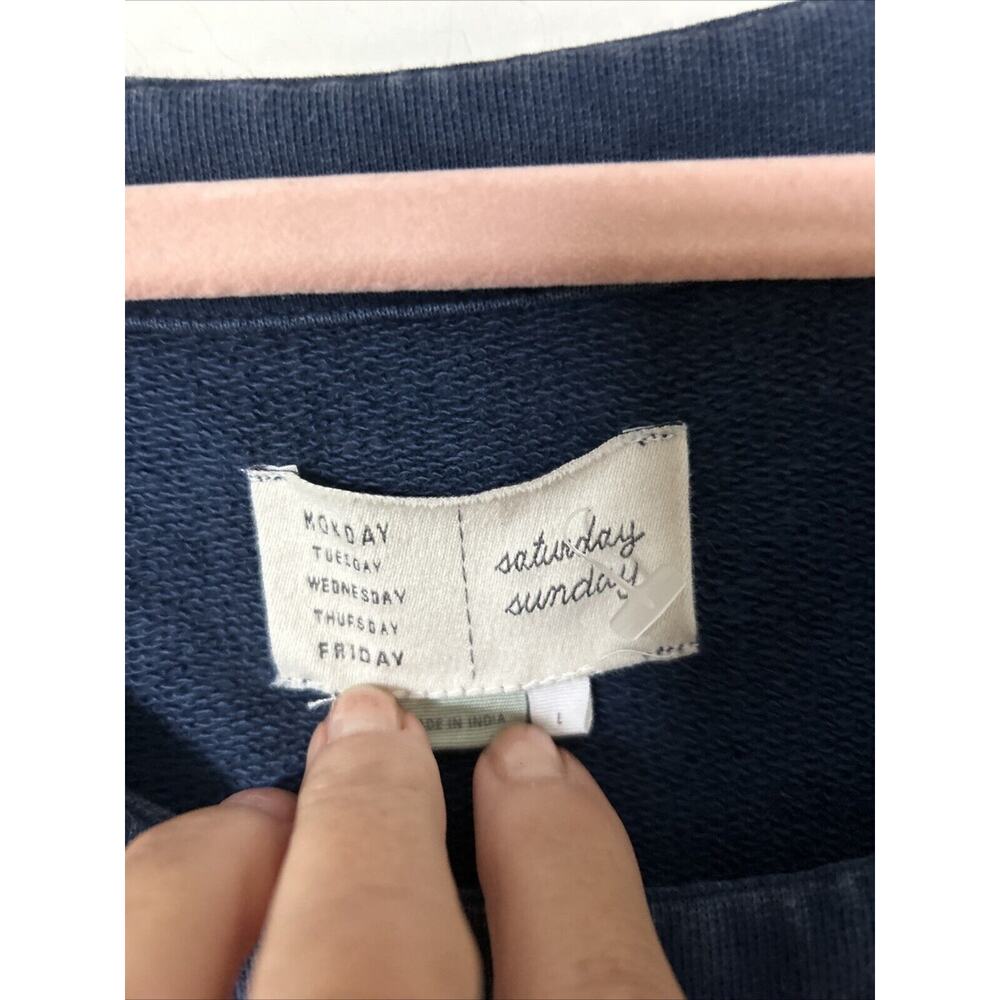 SATURDAY SUNDAY BLUE HUESCA PIECED SHORT SLEEVE TOP cotto KNIT Embroidered SZ L - Picture 3 of 11